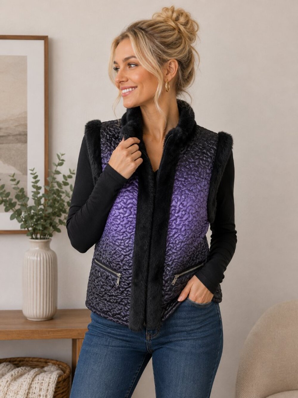 Peter Nygard Purple Black Ombre Quilted Faux Fur Vest Y2K Mob Wife Glam Winter